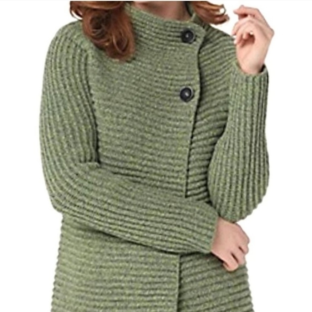 Fisherman Out of Ireland Merino Wool & Cashmere Blend Ribbed Cardigan Green S